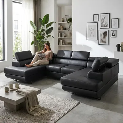 Produktbild von Ecksofa SAVIO BIG Boston – mit Schlaffunktion, Kunstleder in Schwarz, Family Meble, KI-generiertes Bild