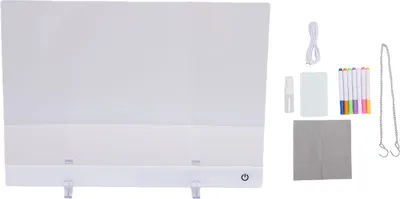 Produktbild von LED-Notiztafel, 30 x 20 cm, 7 RGB-Lichter, 4 Beleuchtungsmodi, beleuchtetes Acryl, trocken abwischbar, mit Markierungsstiften, Ständer, Wischwerkzeug