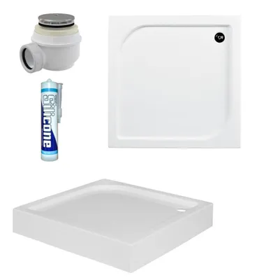 Zdjęcie produktu dla ECOLAM Brodzik prysznicowy płaski Oskar Viereck kwadratowy 70x70 x16 cm Głębokość 4 cm Akryl biały + syfon + silikon
