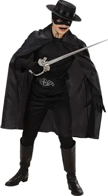 A person wearing a Zorro-like costume, holding a sword.