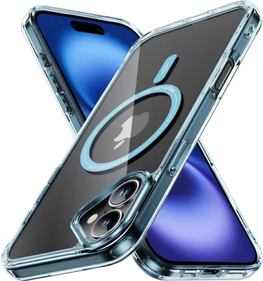 Immagine prodotto di Custodia magnetica trasparente per iPhone 16, compatibile con MagSafe, custodia protettiva ibrida antiurto blu