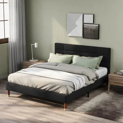 Produktbild von Polsterbett, Doppelbett mit Lattenrost, 140x200cm gepolsteres Bettgestell mit Kopfteil, in Schwarz Leinen, für Erwachsene&Jugendliche