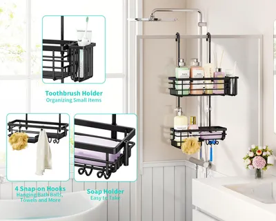 Immagine prodotto di MENSOLE DA BAGNO SENZA FORATURE, 2 ripiani, 4 ganci, portaspazzolini, acciaio inossidabile 304, per bagno