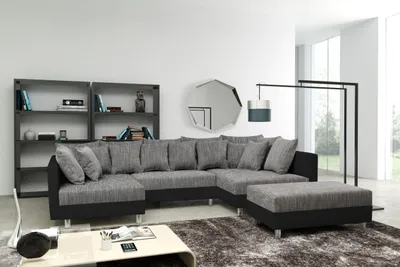 Produktbild von Wohnlandschaft Sofa Couch Ecksofa Eckcouch + Hocker schwarz / hellgrau Minsk XXL