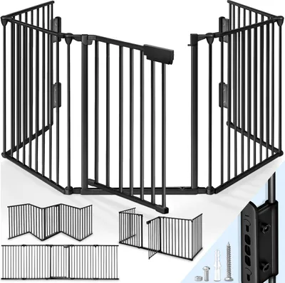 A black metal baby gate is displayed in various configurations, including a large, multi-panel setup and smaller, folded sections. The image also shows mounting hardware.