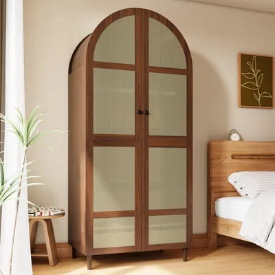 Produktbild von MODFU Kleiderschrank mit gebogenen Türen,Moderner Schrank mit Kleiderstange und Schubladen,Aufbewahrungsschrank mit Rattan-Details,Walnuss