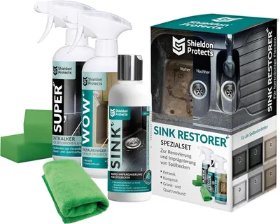 Produktbild von Shieldon Protects Sink Restorer Granitspüle Imprägnierung und Reinigung Set - Drei Reiniger für Küche Spüle + 2x Schwamm und Mikrofasertuch