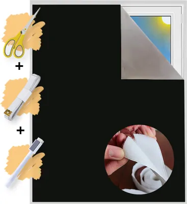 Produktbild von Verdunklungsstoff Meterware | Hitzeschutz oder Kälteschutz | Sonnenschutz zu 100% Verdunkelung | Folie mit Thermobeschichtung für alle Fenster | Rollo ohne bohren | Blackout (Schwarz mit Klettband)