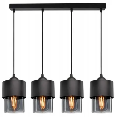 A product shot of a black pendant light fixture with four lights.
