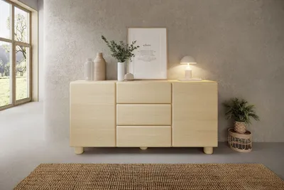 Produktbild von MOEBLO Sideboard ELDORA 160 – Kommode mit 2 Türen, 3 Schubladen und Push-to-open-Türen, Aufbewahrungsschrank 160x80x38 cm - Vicenza-Eiche