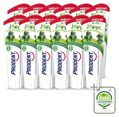 Imagen del producto de 12 tubos de pasta dental para niños Prodent, protector del esmalte, para mayores de 6 años, 75 ml, pack grande, 12 unidades
