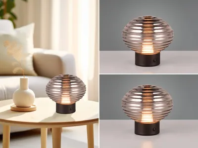 Produktbild von 2er Set Retro Akku Tischlampen ohne Kabel mit Rauchglas Lampenschirm, Höhe 14cm