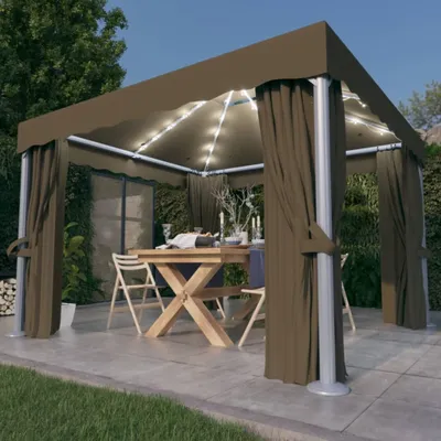 Produktbild von Design Pavillon mit Vorhängen & LED-Lichterkette 3x3 m Taupe - Pavillons & Partyzelte 2025 Neu2251596 3parcel