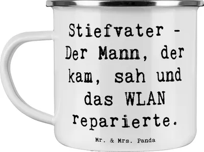 Produktbild von Mr. & Mrs. Panda Kaffeepott Spruch Stiefvater Held - Weiß - Geschenk, Geburtstage, Familie, Haferl, Unterstützer, Pott, Teetasse, Emaille Becher, Stiefkinder, Tasse, Mann