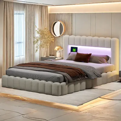 Zdjęcie produktu dla Łóżko tapicerowane 140x200 cm, łóżko na sprężynach skrzyniowych z hydrauliczną podstawą łóżka, łóżko ze stelażem listwowym, lampka do czytania ze złączem USB do ładowania i oświetleniem LED, łóżko do przechowywania łóżko podwójne łóżko młodzieżowe (beżowe)