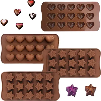 Produktbild von Silikonformen für Pralinen, 15 Mulden, sternförmige Herz-Schokoladenform, flexible Form für harte oder Gummibonbons, 4 Stück