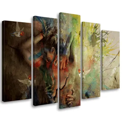 Produktbild von 5-teiliges leinwandbild frau gemälde 100x70 cm Feeby beige wandbild bereit zum aufhängen