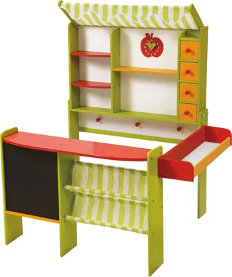 Produktbild von roba Kaufladen 'Marktstand', grün/rot, mit Theke, Tafel, Seitentheke, Markise, Kasse & Zubehör
