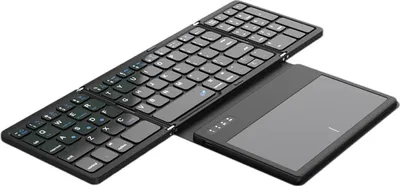 A black foldable keyboard with a large touchpad is shown on a white background.