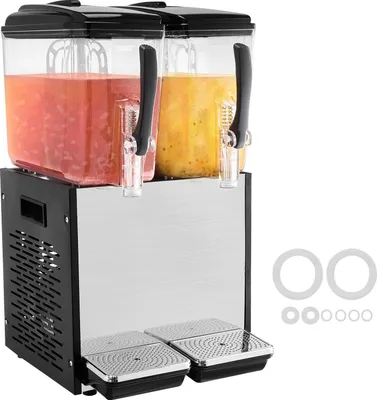 Image de SucceBuy Distributeur de boissons pour usage professionnel, 2 réservoirs de 12 l chacun, distributeur de jus, 286 W, distributeur de boissons au thé glacé en acier inoxydable avec plage de réfrigération de 7-12 °C, idéal pour les restaurants, les bars et les fêtes