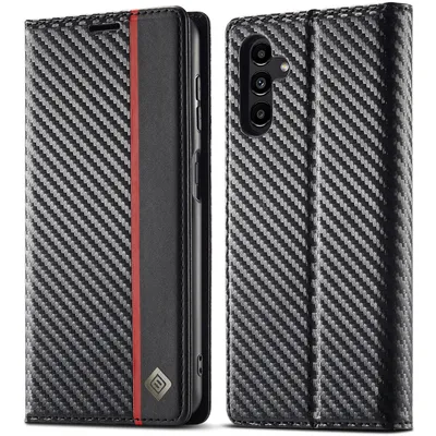 Obrázek produktu pro Pouzdro pro Samsung Galaxy S25 Karbónové kožené pouzdro s držákem karet, magnetem a stojánku černé Vertikální červené