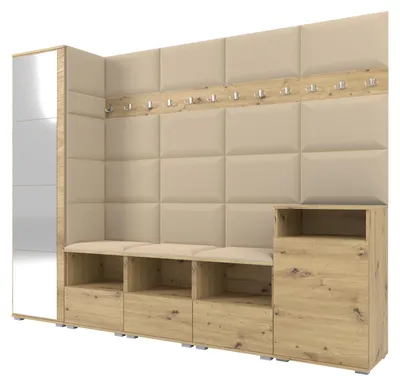 Productafbeelding van Garderobe NELA XI, 250 cm, modulaire entreekast, uitvoering: artisan eikenhout met spiegel en zitkussen, kleur: beige 04 (grote set)