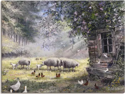 Produktbild von ARTland Leinwandbild Hühner und Schafe Größe: 80x60 cm