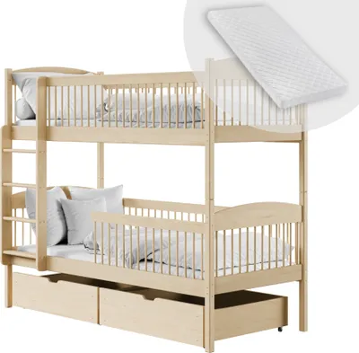 Produktbild von Hochbett Kinder, Etagenbett, Kinderbett | Inkl. 2 Matratzen, 2 Schubladen, sicher & funktional | Größen: 80x180, 90x190, 90x200 cm | 80x180 cm von 3. bis 12. Lebensjahr | Natur