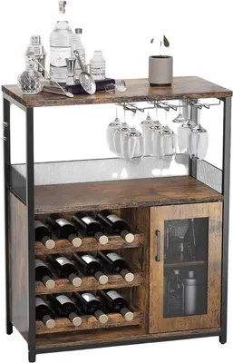 Productafbeelding van Industriële dressoir, buffetkast of sideboard met wijnrek – metaal en hout – geschikt voor keuken en woonkamer – bruin