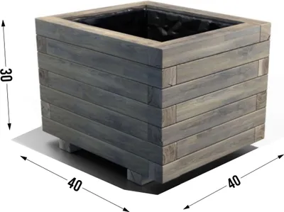 A square wooden planter box with dimensions indicated.