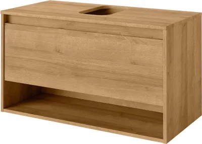 Produktbild von Fackelmann Waschtischunterschrank, Braun, Asteiche-Optik (feuchtraumoptimierte Holznachbildung), Serie Natura, mit Beckenausschnitt, Soft-Close-System und offenem Ablagefach, vormontiert, Maße (B x H x T): ca. 93,4 x 52,3 x 45,5 cm