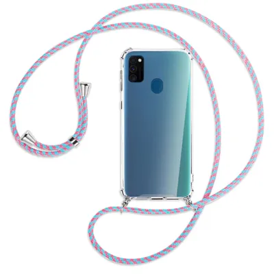 Produktbild von Handykette Backcover-Schutzhülle mit Band (Metall silberfarben) für Samsung Galaxy M30s - pink/mint