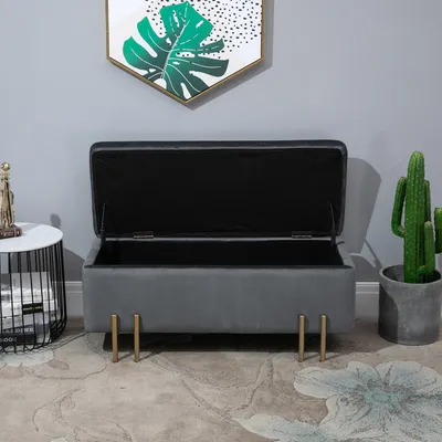 Produktbild von Sitzbank mit Stauraum 70L Samtoptik, Truhenbank Polsterbank Gummiholz, Dunkelgrau | 100 x 40 x 42 cm | bis 220 kg | 80° Klappdeckel