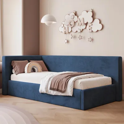 Produktbild von Eckbett Jugendbett Sampre 100x200 cm Dunkelblau Links Chenille – Bettkasten, Metalllattenrost
