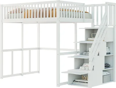 Produktbild von Gotagee, Hochbett, Massives Kiefernholz, Weiß, 140x200cm, Sicherheitsaufbewahrungsleiter, Sicherheitsumrandung, Ohne Matratze, 15 Lamellen, 120kg
