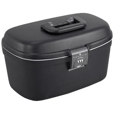 A black beauty case with a handle and a combination lock.