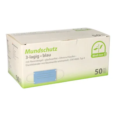 Produktbild von "Medi-Inn®" Mundschutz Type II 3-lagig 9 cm x 17,5 cm blau mit Nasenbügel