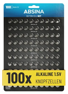 A package of 100 ABSINA alkaline button cell batteries, displayed in a grid.