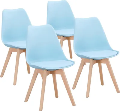 Image de Chaise de salle à manger TEENO, chaise de cuisine, scandinave, rétro avec dossier, assise rembourrée en hêtre massif（Bleu clair, lot de 4）