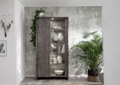 Produktbild von MASSIVMOEBEL24 Vitrine Akazie 105x45x204 grau lackiert PURE ACACIA #911