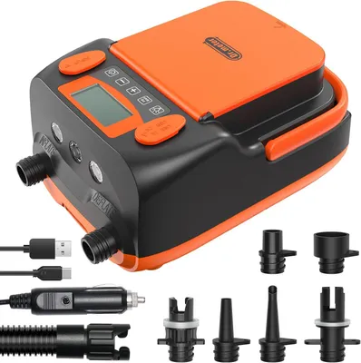 Obrázek produktu pro Elektrická pumpa pro paddleboardy Dr.meter s kapacitou 6000 mAh, nabíjecí, s automatickým vypnutím, schopná nafouknout až 4 paddleboardy, s 2 USB porty a 3 LED diodami