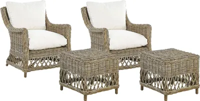Produktbild von BELIANI Gartensessel 2er Set Natürlich Rattan mit Hocker 4 Auflagen Cremeweiß Baumwolle Terrasse Balkon Außen Wohnzimmer Gartenzubehör im Retro Stil