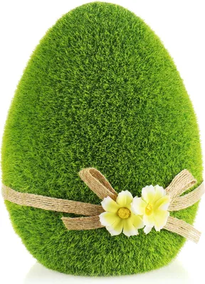 Produktbild von com-four® 2x Dekofigur - Osterhase und Osterei mit Schleife und Blumen - grüne Dekofiguren aus Keramik - Hase und Ei mit Kunst-Gras überzogen für Frühling und Ostern