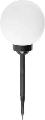 A white spherical solar garden light with a black stake.