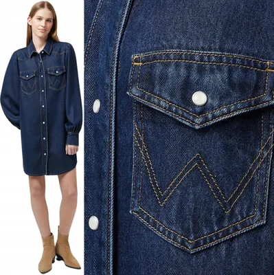 Immagine prodotto di Abito camicia Wrangler con maniche a palloncino, blu navy, camicia in denim, taglia XS