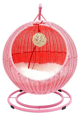 Image de Hamac suspendu pour chats - Fauteuil suspendu pour chats - Tressé à la main en polyrotin - Avec tapis à gratter et tapis rafraîchissant - Pour chats d'intérieur jusqu'à 7,5 kg - Autoportant, hauteur 66 cm - Rose