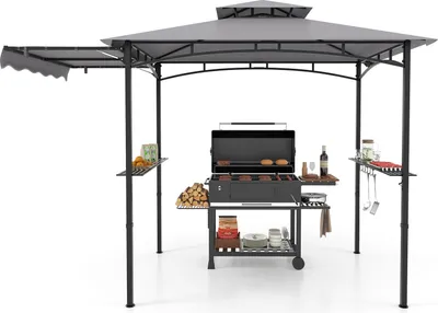 Produktbild von Odporny na warunki atmosferyczne pawilon grillowy COSTWAY, zadaszenia grillowe z markizą boczną, podwójnym dachem, półkami bocznymi, haczykami i otwieraczem do butelek 318x153x250cm