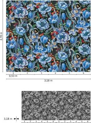 Produktbild von NEWROOM Tapete Blau Vliestapete Blumen - Wandbild Floral Schwarz Grün Blätter Tapete Romantisch Blumentapete