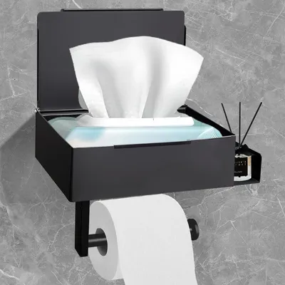 Produktbild von Toilettenpapierhalter mit Feuchttücherbox - multifunktional - 1 Stück - schwarz - rostfreier Stahl - 20,5 x 12,5 x 6,5 cm