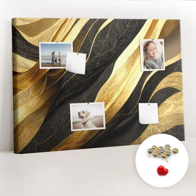 Immagine prodotto di Pannello forato in sughero – Bacheca con puntine per foto e appunti – 100x70 cm – Spille metalliche, 100 pezzi – Design astratto ed elegante